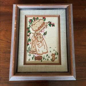 Vintage Embroidered Girl Framed Art dimensions 10 3/4 in long x 8 3/4 in wide
